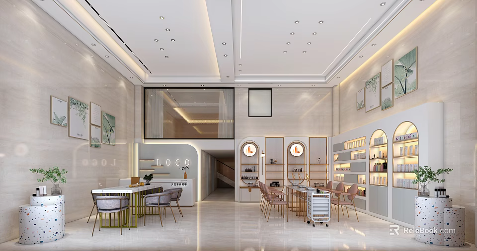 Modern Beauty Hair Salon Interior With Bright Lighting Workstations Chairs Display Shelves And Art Decor 3d model 