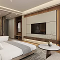 Elegant Modern Hotel Room With Large Bed Nightstand And Open Bathroom Bathtub