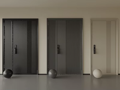 Three Different Colored Doors With Vertical Stripes And Spheres On Gray Floor 3d model