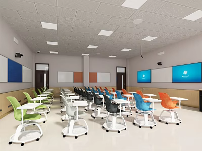 Modern School Classroom With Colorful Student Desks Interactive Whiteboards And Projector Screens 3d model
