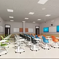 Modern School Classroom With Colorful Student Desks Interactive Whiteboards And Projector Screens