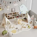 Stuffed Animals In Kids Playroom With Teepees Play Mat Shelves And Balloons