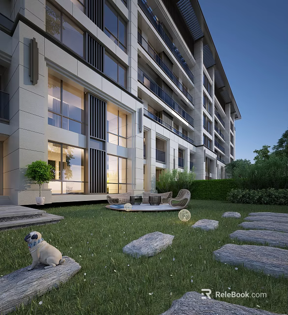 Modern Residential Building Exterior Featuring Large Windows Balconies Lawn Stone Pathway Outdoor Seating And Greenery 3d model 