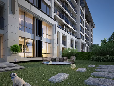 Modern Residential Building Exterior Featuring Large Windows Balconies Lawn Stone Pathway Outdoor Seating And Greenery 3d model