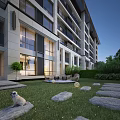 Modern Residential Building Exterior Featuring Large Windows Balconies Lawn Stone Pathway Outdoor Seating And Greenery