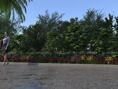 Green Shrubs with Colorful Flowers in Front and Lush Trees on Gravel Ground 3d model