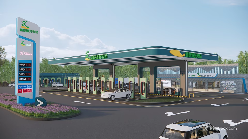 Electric Vehicle Parking Lot with Charging Ports State Grid Logo and Green Canopy 3d model 