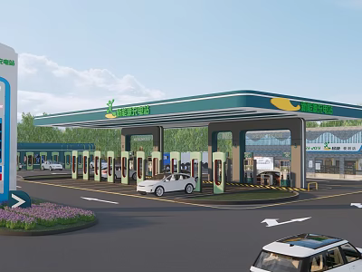 Electric Vehicle Parking Lot with Charging Ports State Grid Logo and Green Canopy 3d model