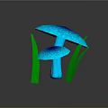 Vibrant Glowing Blue Mushrooms With Patterned Caps And Green Leaves On Dark Base