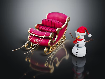 Pink Red Sleigh with Gold Accents and Snowman in Red Santa Hat 3d model