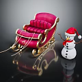 Pink Red Sleigh with Gold Accents and Snowman in Red Santa Hat