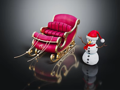 Pink Red Sleigh with Gold Accents and Snowman in Red Santa Hat 3d model Pink Red Sleigh with Gold Accents and Snowman in Red Santa Hat 3d model