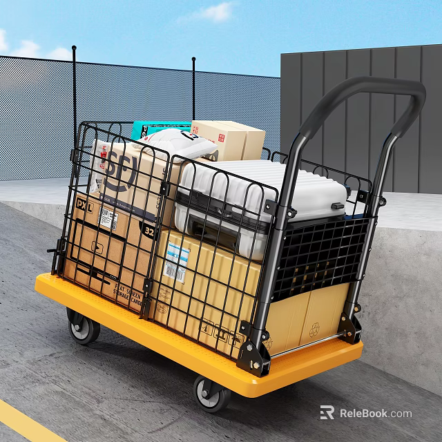 Metal Cart With Black Frame Yellow Base Loaded With Boxes And Buckets On Gray Floor 3d model 