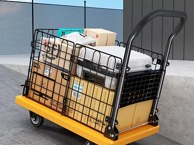 Metal Cart With Black Frame Yellow Base Loaded With Boxes And Buckets On Gray Floor 3d model