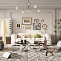 Elegant Modern Living Room Interior With White Sofa Patterned Rug Chandelier And Wall Art