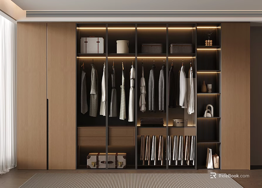Modern Wardrobe Interior With Hanging Clothes Storage Boxes Shelves And Shoes 3d model 