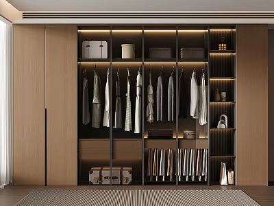 Modern Wardrobe Interior With Hanging Clothes Storage Boxes Shelves And Shoes 3d model