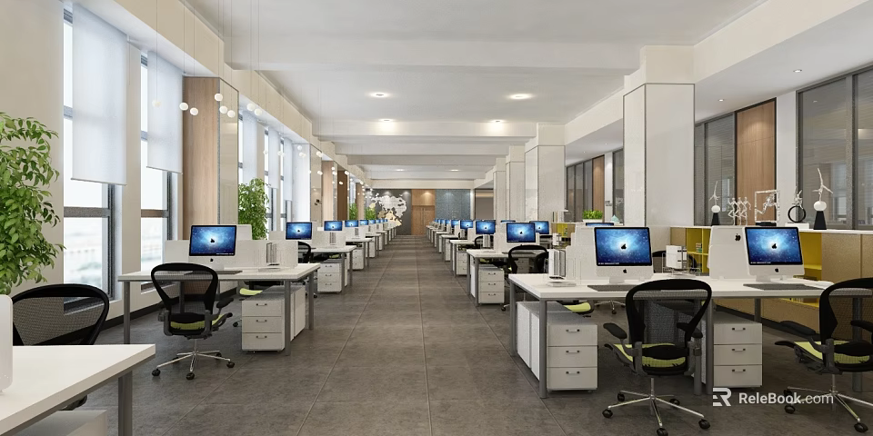 Modern Public Office Space With Spacious Workstations Computers Ergonomic Chairs And Natural Light 3d model