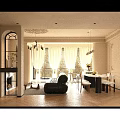 Elegant French Style Living Dining Room With Marble Fireplace Built In Shelves And Vintage Chandelier