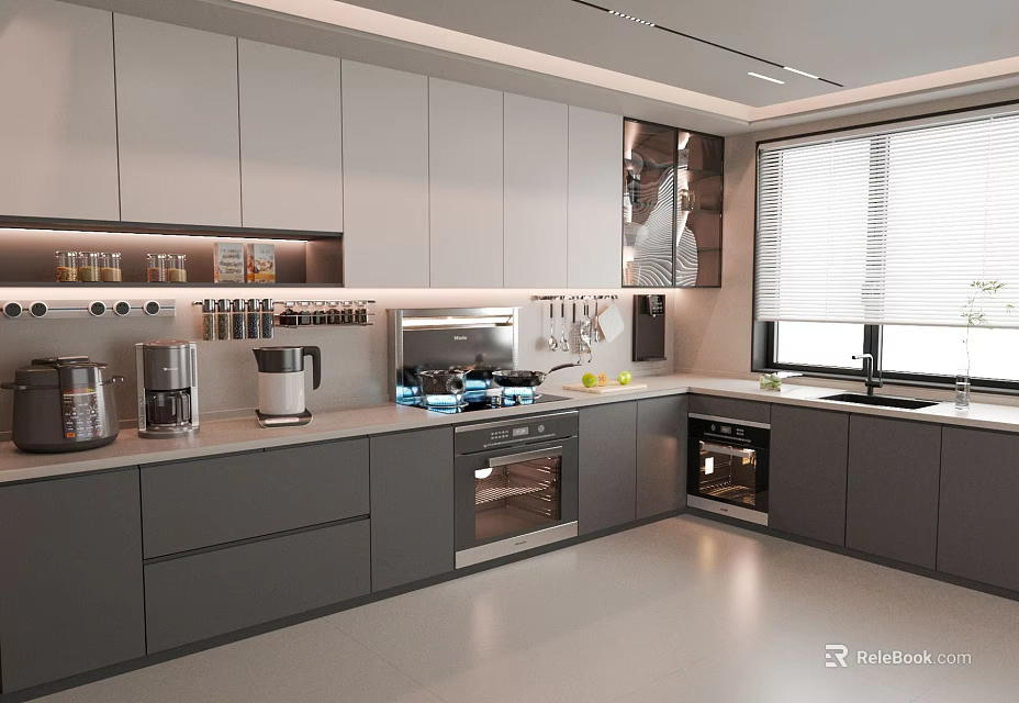 Modern Kitchen With Gray Cabinets Gas Stove Oven And Small Appliances 3d model 