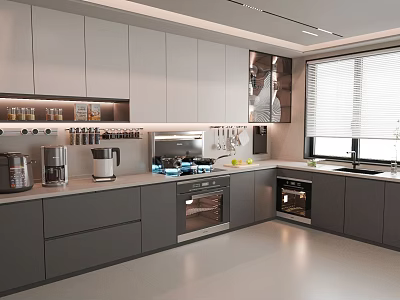 Modern Kitchen With Gray Cabinets Gas Stove Oven And Small Appliances 3d model