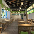 Old Jar Sour Cabbage Noodle Restaurant with Menu Screens Wooden Tables and White Grid Walls
