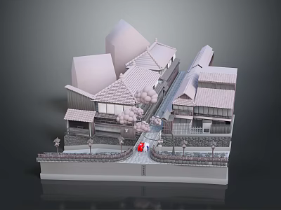 Traditional Architecture 3D Model With Sloped Roofs Pathway And Cherry Blossom Trees 3d model