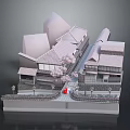 Traditional Architecture 3D Model With Sloped Roofs Pathway And Cherry Blossom Trees