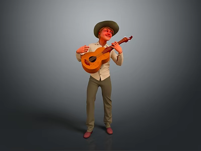 A Man Wearing A Hat Playing An Acoustic Guitar With Gentle Expression 3d model