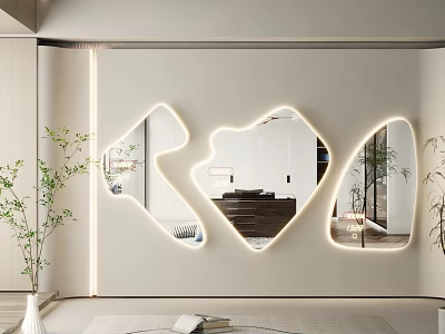Illuminated Irregular Shaped Mirror In Modern Interior With Potted Plant And Furniture 3d model