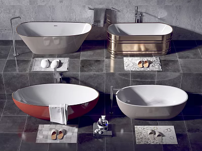 Colorful Oval Bathtubs In Modern Bathroom With Gray Tiles And Bath Accessories 3d model