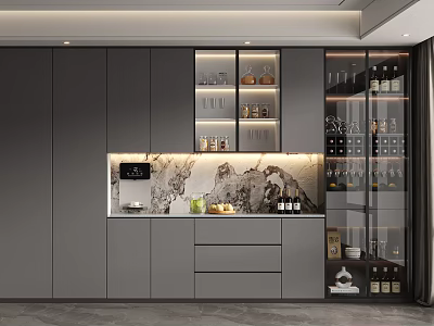 Modern Wine Cabinet With Glass Doors Marble Backsplash And Wine Storage 3d model
