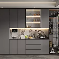 Modern Wine Cabinet With Glass Doors Marble Backsplash And Wine Storage
