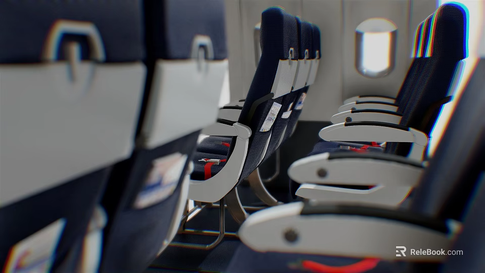Public Chairs In Aircraft Cabin With Dark Blue Seats White Armrests Red Accents 3d model 