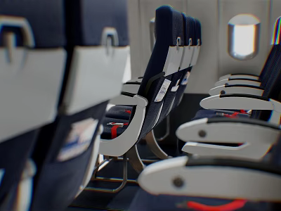 Public Chairs In Aircraft Cabin With Dark Blue Seats White Armrests Red Accents 3d model