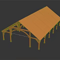 Orange Wooden Pavilion Structure With Sloped Roof Supporting Columns And Framework