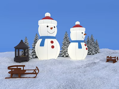 Inflatable Snowmen With Red Hats Blue Scarves Pine Trees Gazebo And Sleds In Winter Landscape 3d model