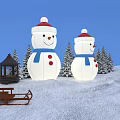 Inflatable Snowmen With Red Hats Blue Scarves Pine Trees Gazebo And Sleds In Winter Landscape