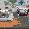 Modern Car Showroom Display With White Vehicles Glass Structure And Lighting