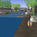 Waterfront Landscape With River Channel Trees Pedestrians Walkways And Wooden Boardwalks
