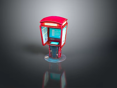 Red Telephone Booth Model With TELEPHONE Sign Windows And Transparent Base 3d model