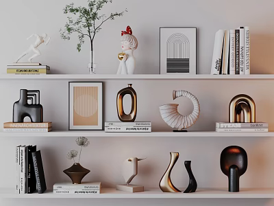 Stylish Decorative Ornament Set On Shelves With Sculptures Books Picture Frame And Green Plant 3d model