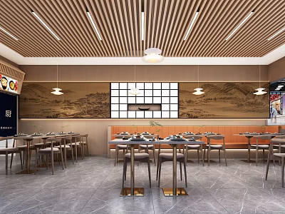 Modern Restaurant Interior Featuring Wooden Ceiling Large Window Decorative Wall Art And Dining Tables 3d model