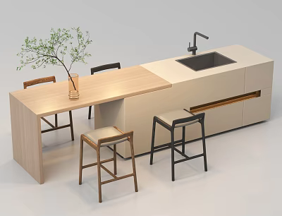 Modern Bar Counter Design With Wooden Countertop Stools Sink And Decorative Plant 3d model