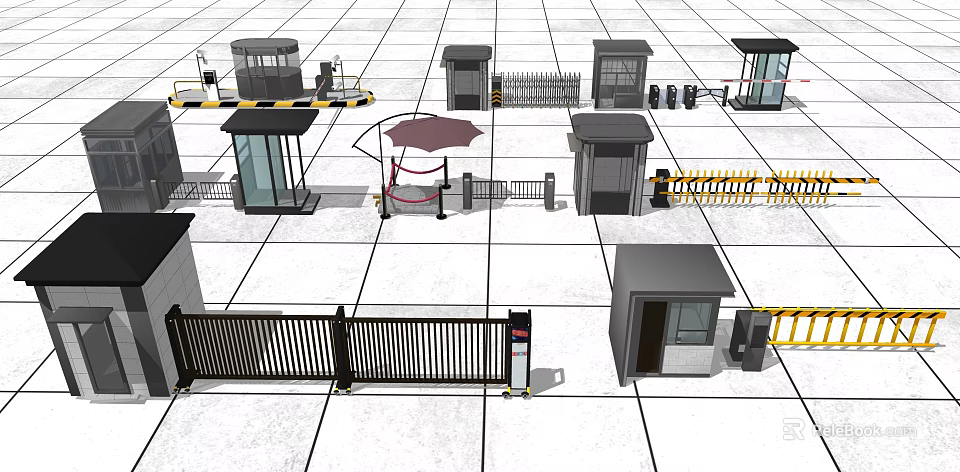 Various Modern Security Booths With Gates Barriers Umbrella And Access Systems 3d model