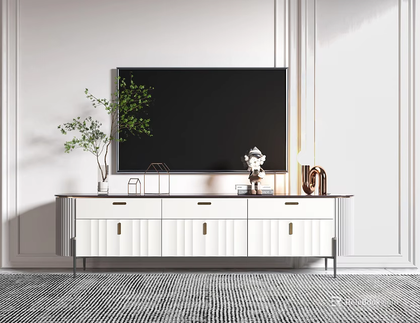 Modern White TV Stand with TV Green Plant and Decorations in Living Room 3d model 