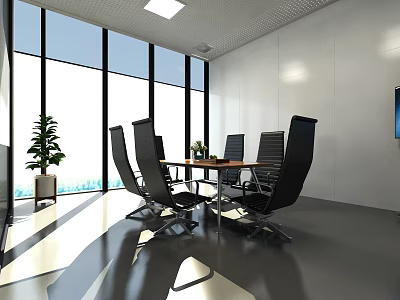 Bright Modern Conference Room Featuring Large Windows Potted Plant And Comfortable Chairs 3d model