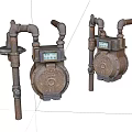 Vintage Industrial Equipment Cast Iron Meters With Pipe Connections And Dials