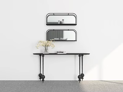 Minimalist Interior Featuring Black Console Table With Wall Mounted Shelves And White Flowers 3d model