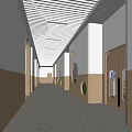 Modern Elevator Corridor With Wooden Walls Circular Cutouts And Ceiling Lights 3d model